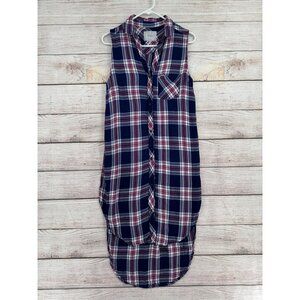 Rails Jordyn Button Down Tunic Shirt Women's Medium Blue/Purple Plaid Side Slit